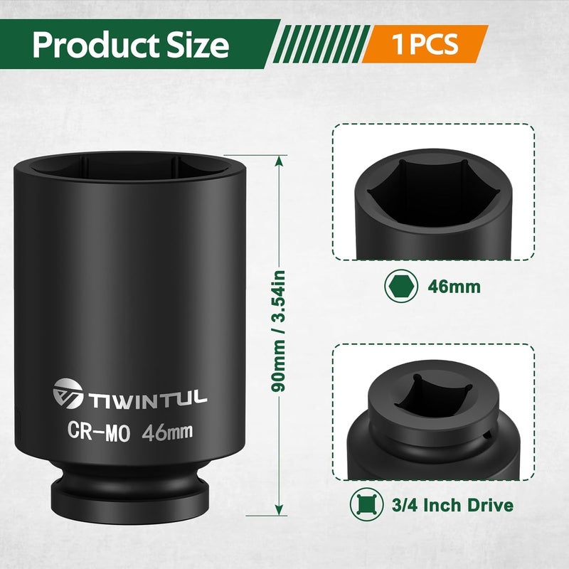 TIWINTUL 3/4 Inch Drive Deep Impact Socket 46mm, 6-Point Design, Heat-Treated Chrome Molybdenum Alloy Steel, Spindle Axle Nut Socket for Auto Repair, Easy Removal - Image 2